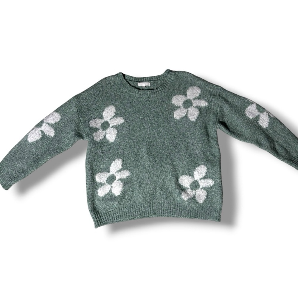 Little Lies M/L Mint Green with White Floral Crewneck Sweater Soft Intarsia Knit - Picture 8 of 16